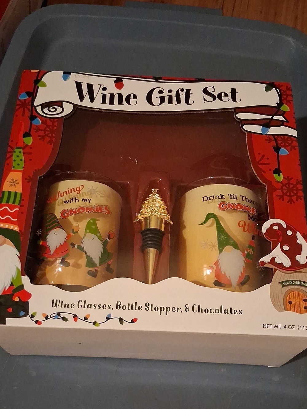 Wine Gift Set with Gnome Glasses and Gold Bottle Stopper